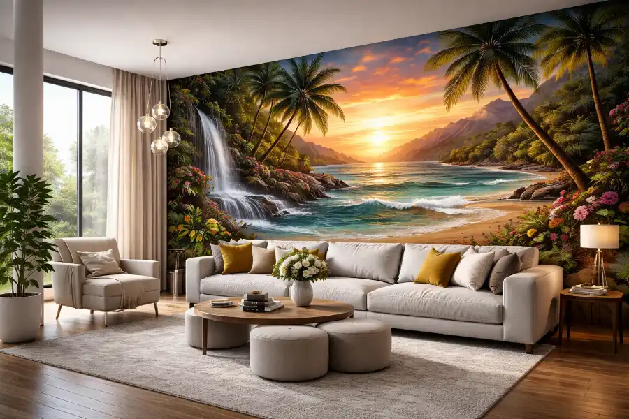 Wohnzimmer mit großflächigem Airbrush Wandmotiv als Raumgestaltung
