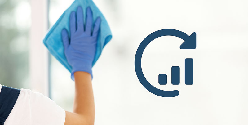 Reinigungskraft wischt Fenster mit Icon für flexible Reinigungsdienste