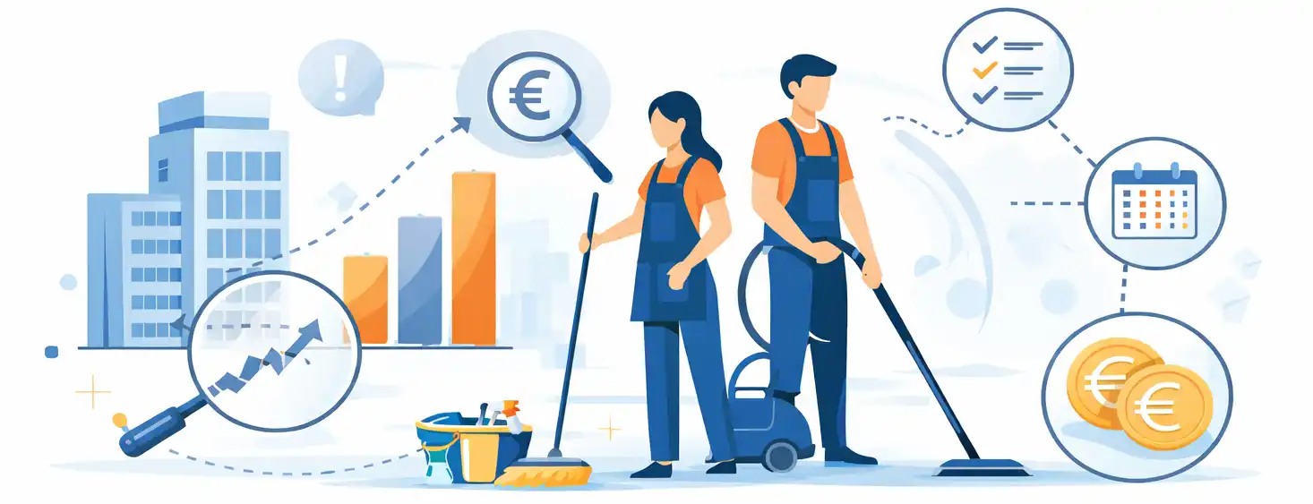 Symbolgrafik zu Kosten, Faktoren und Einsatzgebieten professioneller Reinigungsfirmen