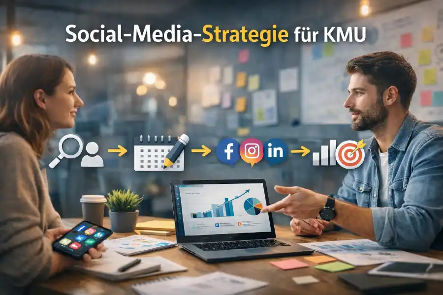 Unternehmer analysiert Social-Media-Strategie am Laptop