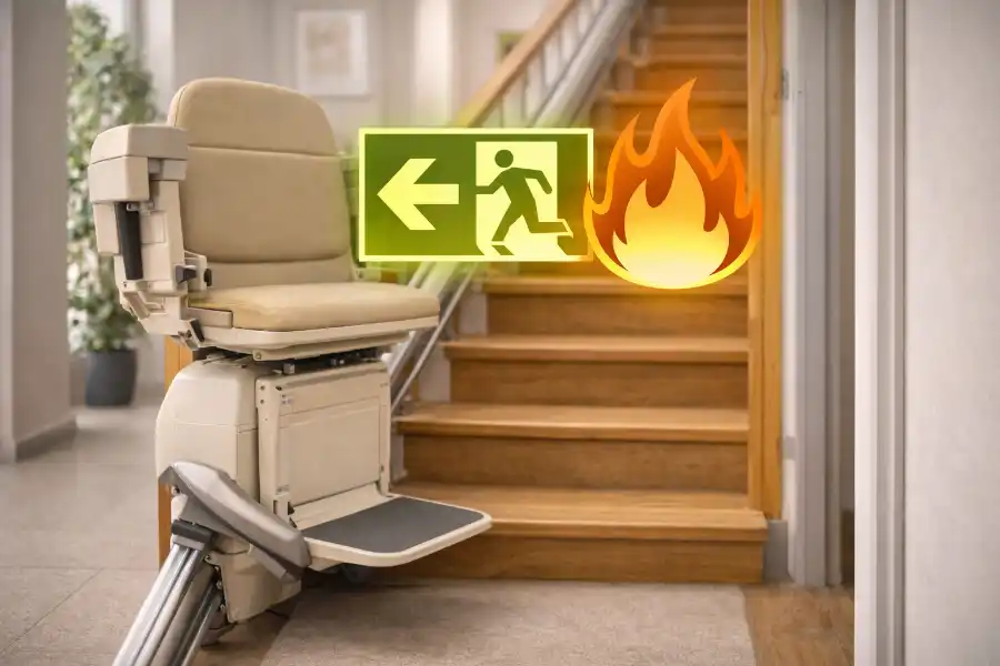 Treppenlift im Treppenhaus mit freiem Fluchtweg