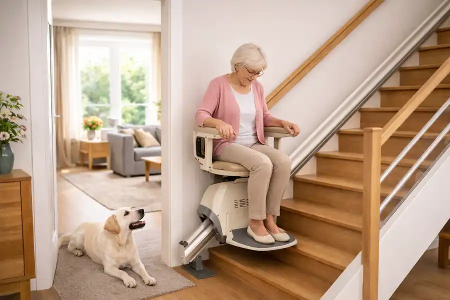Treppenlift im Wohnhaus mit Hund im Hintergrund