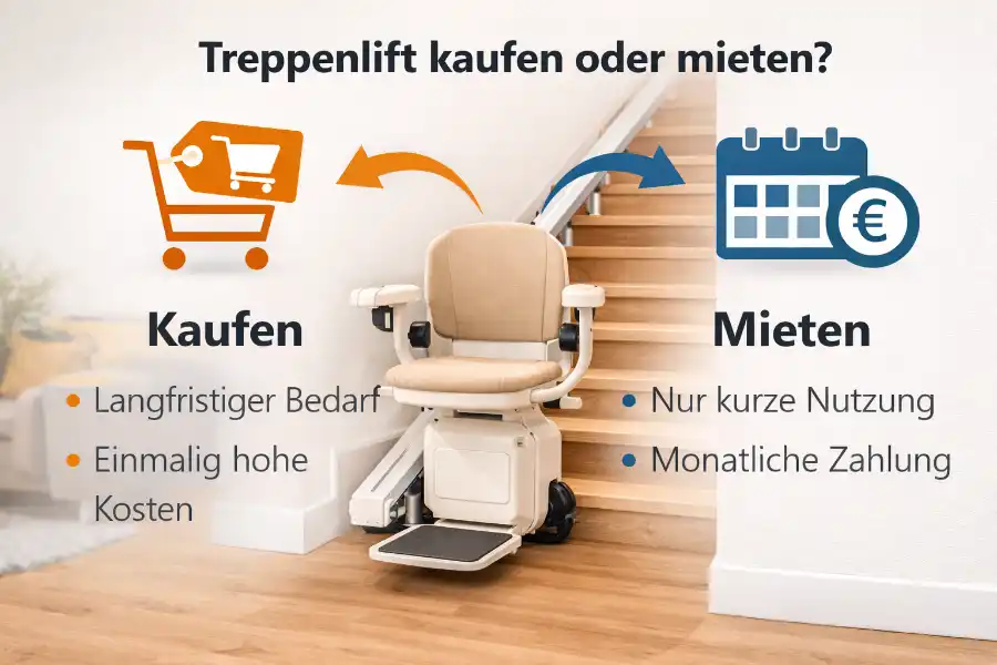 Illustration: Treppenlift-Entscheidung kaufen oder mieten mit zwei Symbolen
