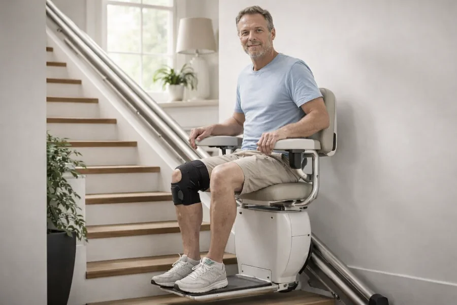 Mann nutzt einen Treppenlift aufgrund einer Mobilitätseinschränkung im privaten Wohnhaus