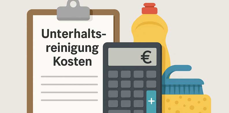 Kosten für Unterhaltsreinigung einfach kalkulieren – mit Reinigungsplan und Euro-Rechner Illustration: Kostenübersicht mit Putzmitteln, Euro-Rechner und Reinigungsplan