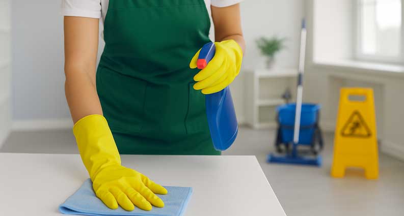 Professionelle Unterhaltsreinigung im gepflegten Büroraum Regelmäßige Reinigung eines hellen Büroraums mit Handschuhen und Reinigungsmittel
