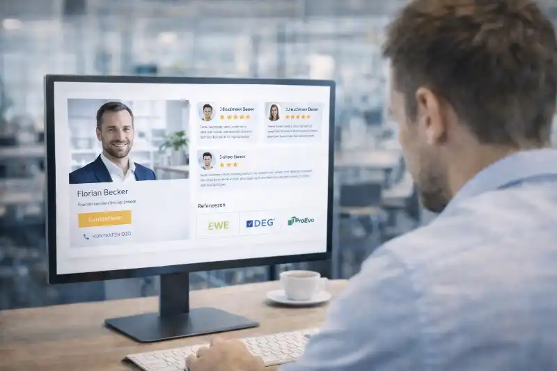 Website mit klaren Vertrauenselementen wie Ansprechpartner, Bewertungen und Referenzen