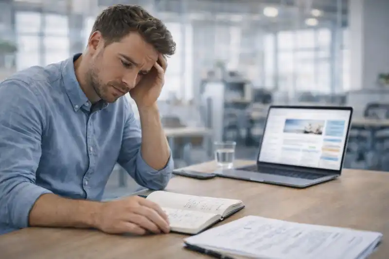 Unternehmer sitzt nachdenklich vor unklarem Webdesign Briefing