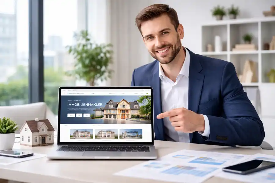 Immobilienmakler präsentiert moderne Agentur-Webseite auf Laptop