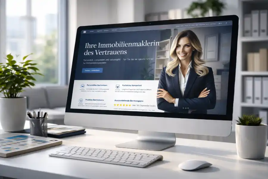 Immobilienmaklerin als vertrauensvolle Ansprechpartnerin auf moderner Website