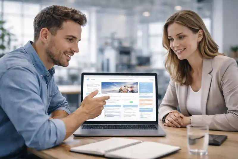 Webdesigner und Auftraggeber besprechen gemeinsam einen Website Entwurf