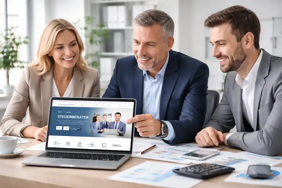 Steuerberater Team betrachtet moderne Website am Laptop