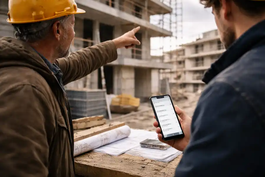 Abstimmung auf der Baustelle zwischen Bauleitung und Projektverantwortlichem