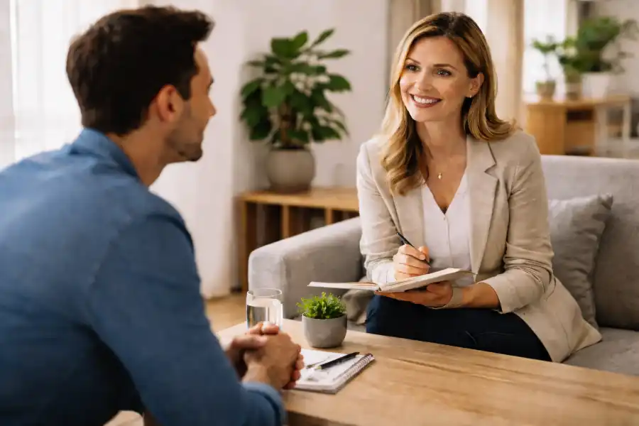 Coach im Gespräch mit Klient in ruhiger Beratungssituation