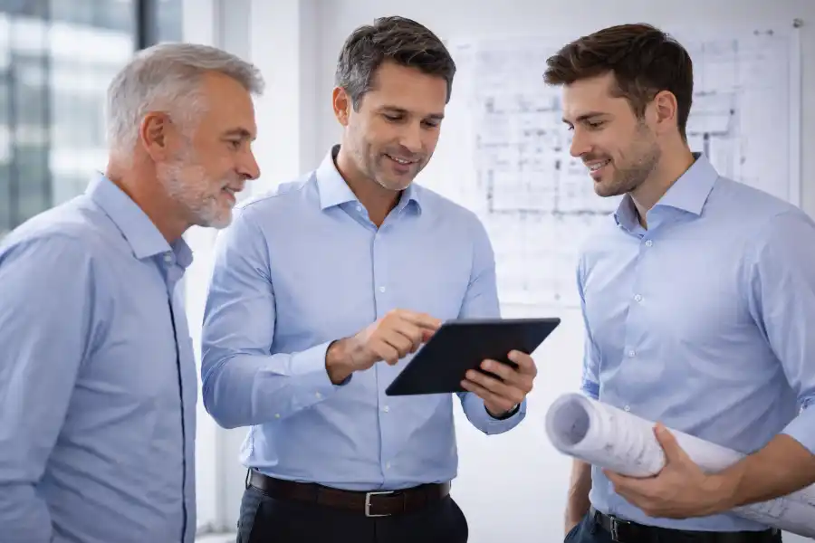 Ingenieurbüro bei technischer Projektbesprechung mit strukturierter Website