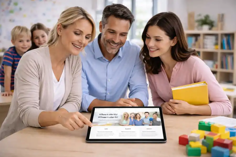 Kita-Leitung im Gespräch über organisatorische Inhalte einer Website