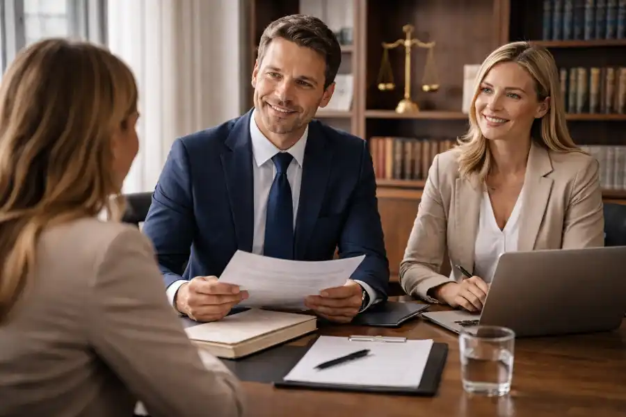 Rechtsanwalt und Mandantin im Gespräch mit moderner Kanzleiwebsite