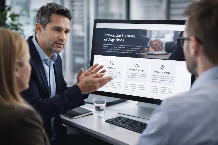 Unternehmensberater im Beratungsgespräch mit Website-Darstellung