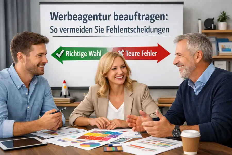 Unternehmer trifft eine fundierte Entscheidung zur Beauftragung einer Werbeagentur