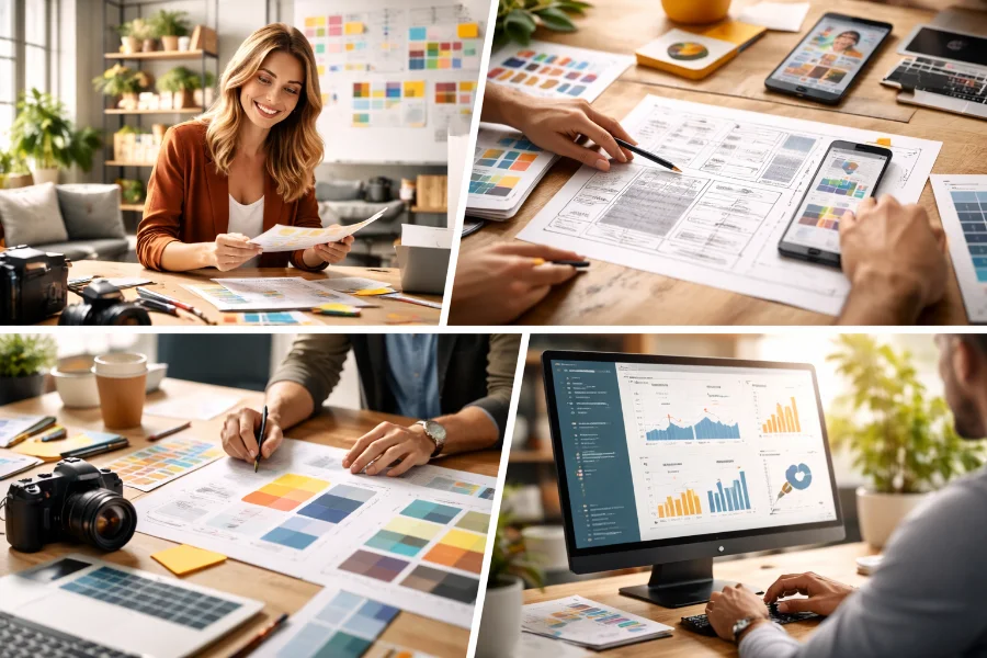 Fotografische Collage aus Strategie, Design und Umsetzung in einer professionellen Werbeagentur