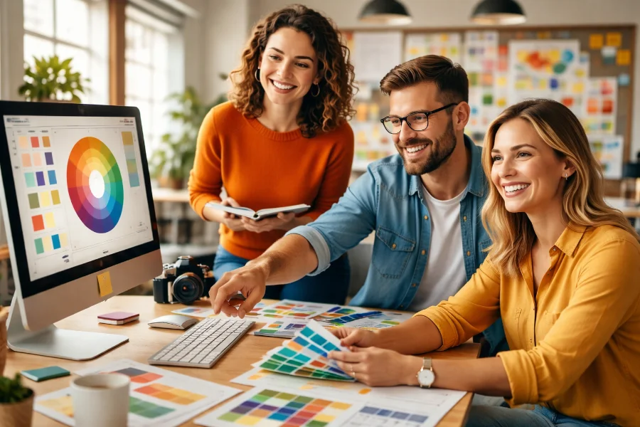 Freundliches Team einer Werbeagentur bei der gemeinsamen Arbeit an Konzepten und Gestaltung