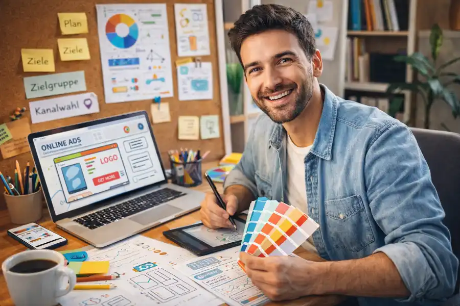 Bild eines Werbedesign-Prozesses mit Konzept, Layout und Umsetzung