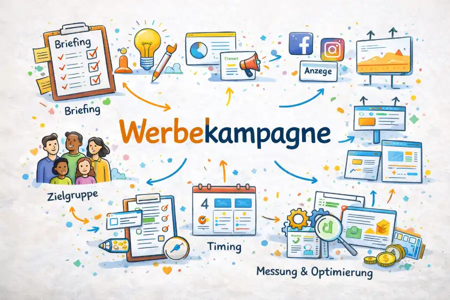 Planung einer Werbekampagne mit Zeitplan, Kanälen und klarer Botschaft