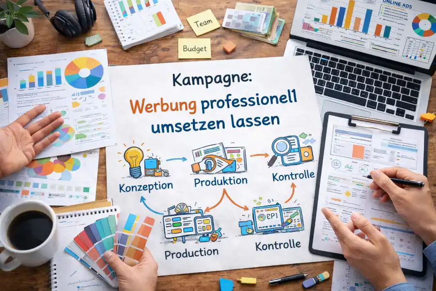 Professionelle Umsetzung von Werbung im Team mit Konzept, Produktion und Kontrolle