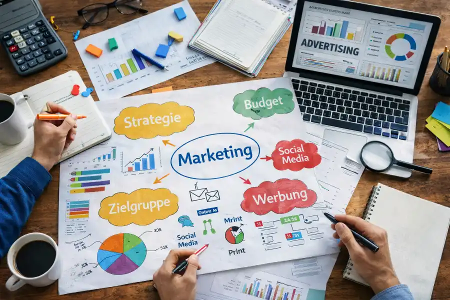 Planung von Werbung und Marketing mit Notizen, Diagrammen und Kanälen