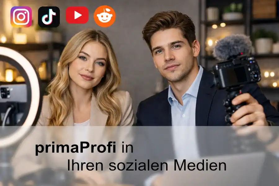 primaProfi in Ihren sozialen Medien – Beispiel-Post mit YouTube, TikTok, Instagram und Reddit